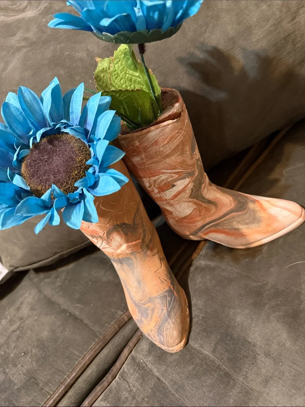 Vintage romco pottery cowgirl Decorative Boot Vases with Blue Sunflower Accents